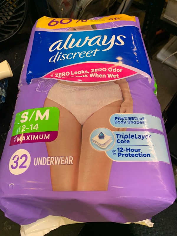 Photo 1 of Always Discreet Adult Diapers for Women, Incontinence Underwear, Postpartum Essentials, Disposable Briefs, Max Absorbency, Bladder Leak Protection, Small/Medium, 32ct