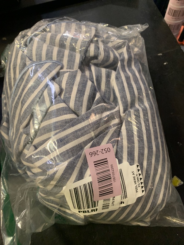 Photo 1 of AORISSI 100% French Flax Linen Tablecloths Scalloped Embroidery Rectangle 120Lx60W Inch for Dinners, Parties, Spring, Machine Washable, 10-12 Sets, Blue Stripe(Edges-Blue)