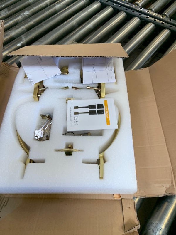 Photo 1 of LOQRON Double Front Door Handle Set with Dummy and Deadbolt, Brushed Gold Entry Front Door Lock Set with Gold Classic Half Grip Curved Door Handle for Exterior Doors or Office, Satin Brass