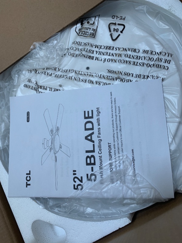 Photo 1 of **********MISSING PARTS*******
TCL 52" Low Profile Ceiling Fan with Light, Slim, White, Flush Mount, DC Reversible Motor, 6 Speeds, Remote Control, Noiseless, Dimmable, LED Light, 3CCT, Modern Ceiling Fan for Bedroom Living Room