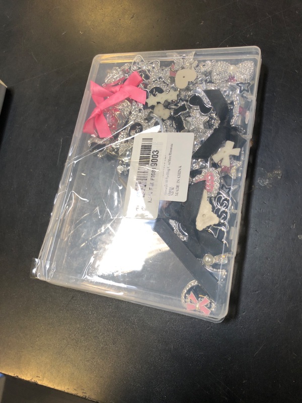 Photo 1 of 100 Pcs Bling Flat Back Junk Charm Kit for Junk Socks/Shoes/Phone Cases/Bracelets & DIY Accessories, Including Silver and Pink Bows/Hearts/Stars/Rhinestone Charms, Great Christmas Gift Idea for Girls