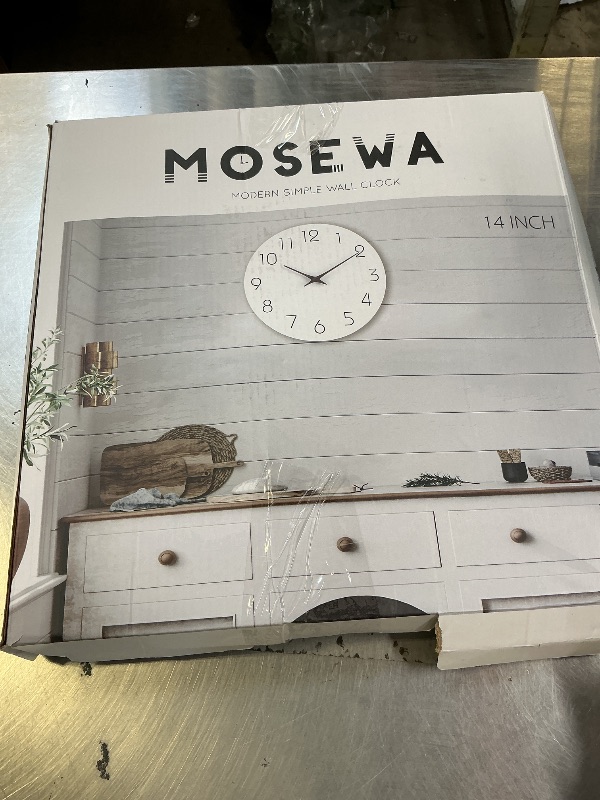 Photo 1 of Mosewa Wall Clock 14 Inch White Silent Non Ticking Battery Operated Simple Minimalist Wooden Clock Decorative for Kitchen Bathroom Home Bedroom Living Room Office