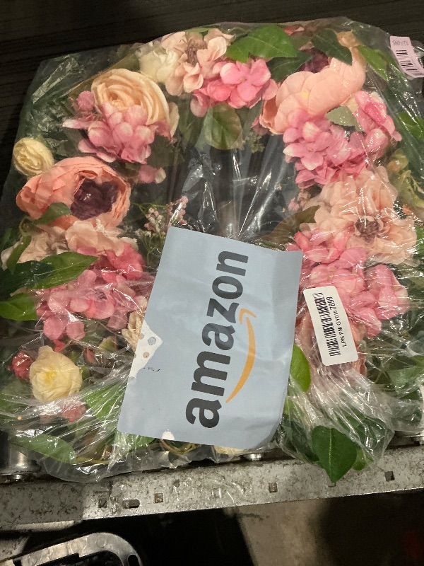 Photo 1 of [Lighted & Timer] 22" Spring Summer Wreaths for Front Door Peony Wreath with Lights Pink Silk Flower Hydrangea Rose Green Leaves Floral Wreath for Home Wall Window Wedding Party Indoor Outdoor Decor