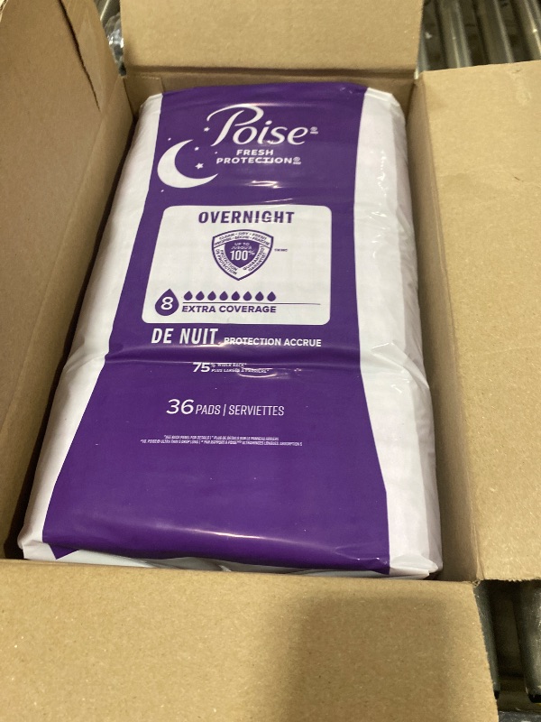 Photo 1 of Poise Overnight Incontinence & Postpartum Pads for Bladder Leaks, 8 Drop Extra Coverage, 72 Count (2 Packs of 36), Packaging May Vary