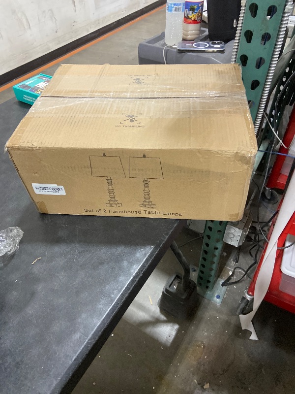 Photo 1 of **USED, INCOMPLETE** Farmhouse Table Lamps, 27.5'' Tall Rustic Bedside Lamps with 2 USB Ports, Beige Fabric Shade Nightstand Lamp, White Resin Desk Lamp with Rotary Switch for Living Room, Bedroom, Office