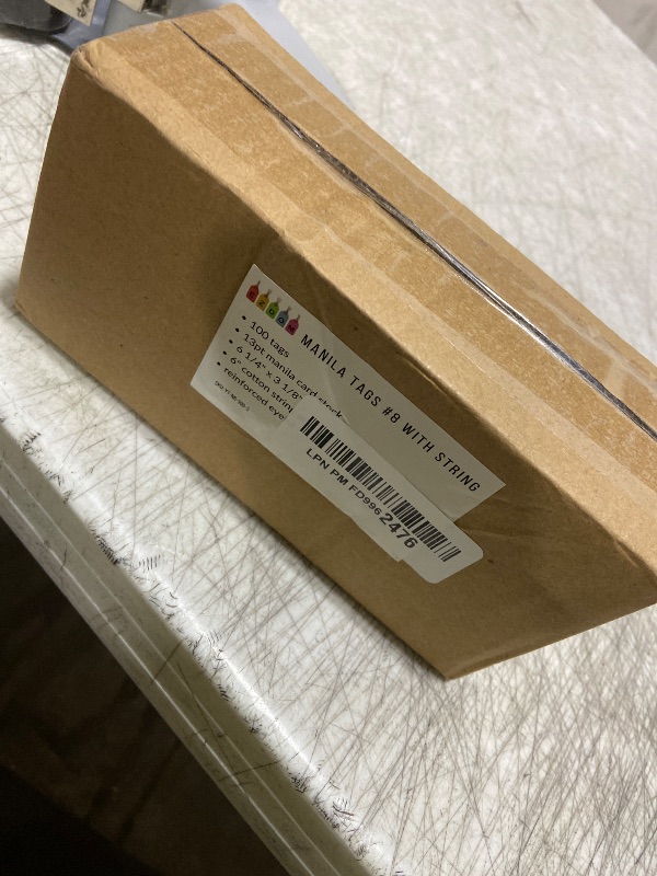 Photo 1 of 100 Large Manila Paper Tags with String Attached - # 8, 6 1/4" x 3 1/8" - Shipping Tags with String for Labeling, Blank Hang Labels with Ties