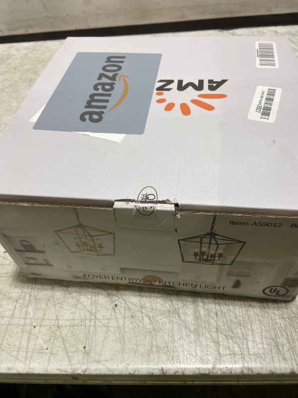 Photo 1 of Industrial 4 Lights Chandelier, Gold Lantern Ceiling Light Fixtures with Rustic Metal Cage Adjustable Height Farmhouse Geometric Hanging Light for Kitchen Island, Dining Room, Entryway, UL Listed