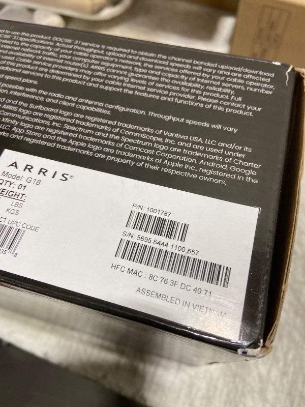 Photo 1 of Arris (G18) - Cable Modem Router Combo - Fast DOCSIS 3.1 Multi-Gigabit WiFi 6 (AX1800), Approved for Comcast Xfinity, Cox, Spectrum & More