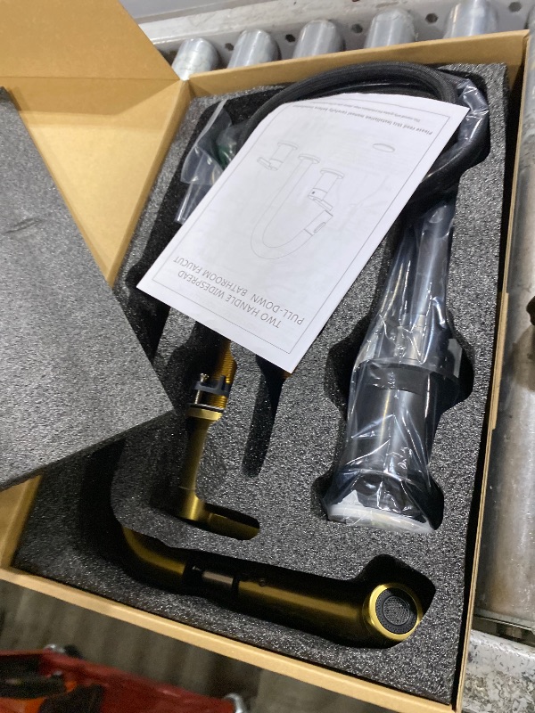 Photo 1 of KENES Brushed Gold Pull Down Bathroom Faucet, 8 Inch 2 Handle Widespread Bathroom Faucet 3 Hole with Pull Out Sprayer, Bathroom Sink Faucet with Pop Up Drain & Supply Lines LJ-9058A-4