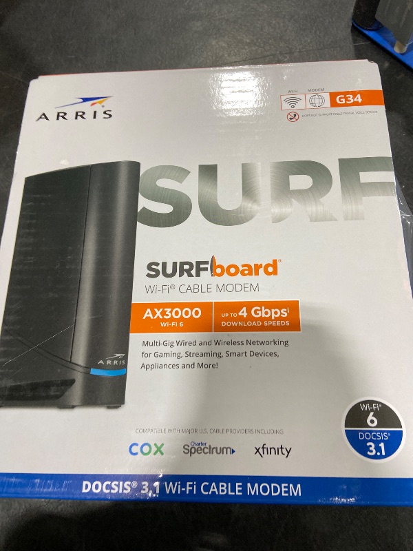 Photo 1 of ARRIS (G34) - Cable Modem Router Combo - Fast DOCSIS 3.1 Gigabit WiFi 6 (AX3000), Approved for Comcast Xfinity, Cox, Spectrum & More, 1 Gbps Max Internet Speeds
