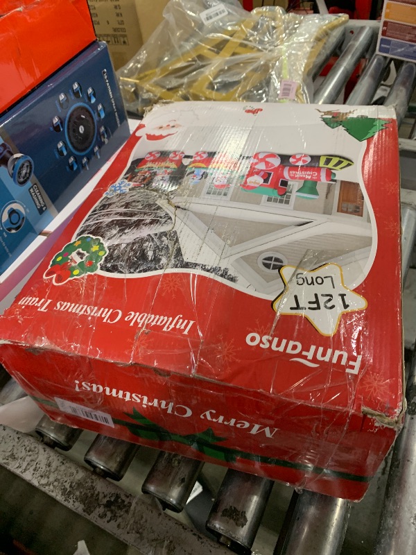 Photo 1 of 12 FT Christmas Inflatable Train with Santa Claus, Snowman, Penguin, Dog, Blow Up Santa Train Yard Decorations Built-in Lights, Lovely Xmas Train Carriage for Holiday Garden Lawn Patio Party Decor