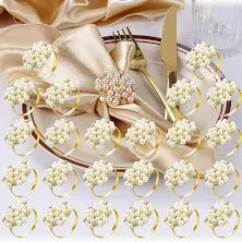 Photo 1 of Hotop 100 Pcs Gold Napkin Rings Pearls and Flower Napkin Buckles Rhinestone Bling Round Holders for Wedding Party Dinner Holiday Banquet Christmas Thanksgiving Day Home Table Decoration