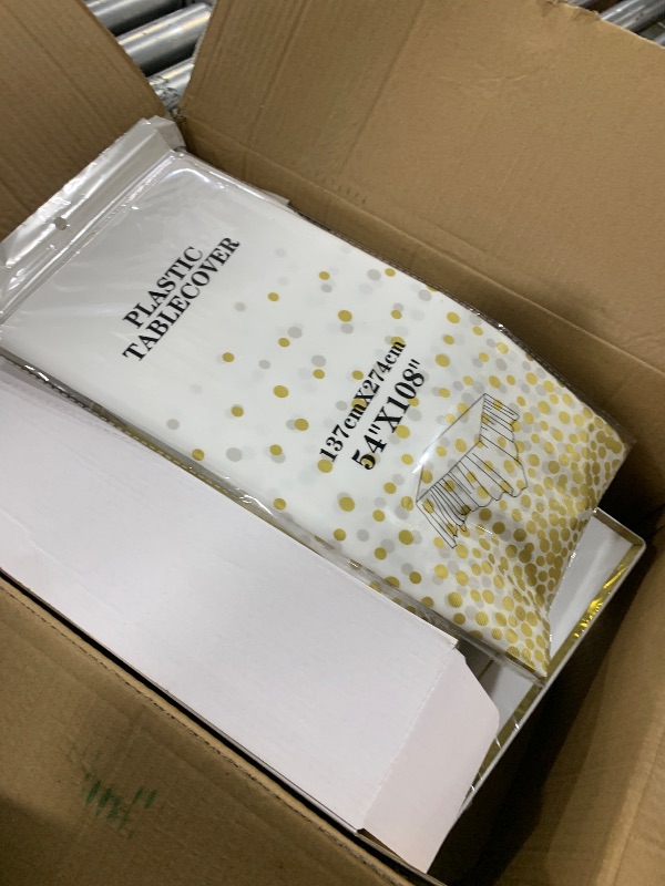 Photo 1 of Goodluck 352 Piece Gold Dinnerware Set for 50 Guests, Thanksgiving Square Plastic Plates with Gold Trim, Include: 100 Plastic Plates, 50 Rolled Napkins, 50 Cups, 50 Cutlery Set and 2 Tablecloth