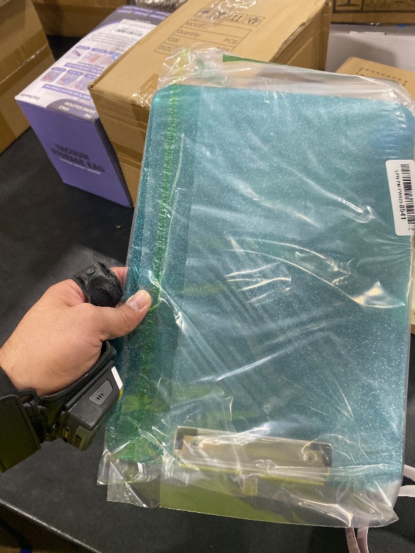 View 2 of 1 Pcs Clear Glitter Clipboards, Plastic Clipboard with Pen Holder,Size 8.85 x 12.4 in Shiny Clipboards with Low Profile Clip, Cute Hanging Clipboard for Office School Supplies Sparkly Clip board-Green