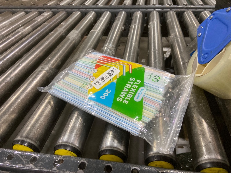 Photo 1 of [200 Pack] Flexible Disposable Plastic Drinking Straws - 7.75"High - Assorted Colors Striped