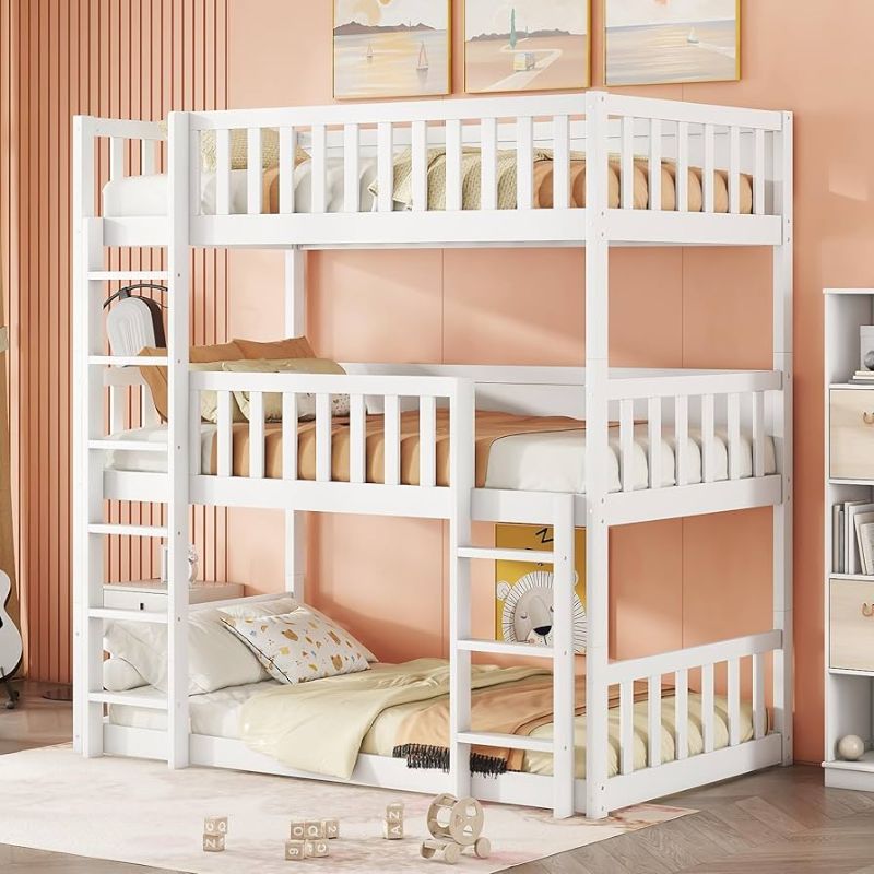 Photo 1 of Hommoo Triple Bunk Bed Twin Over Twin Over Twin Bed Convertible Bed Frame Rubber Wood with Ladder and Guardrail for Teens/Adults Bedroom Dorm White