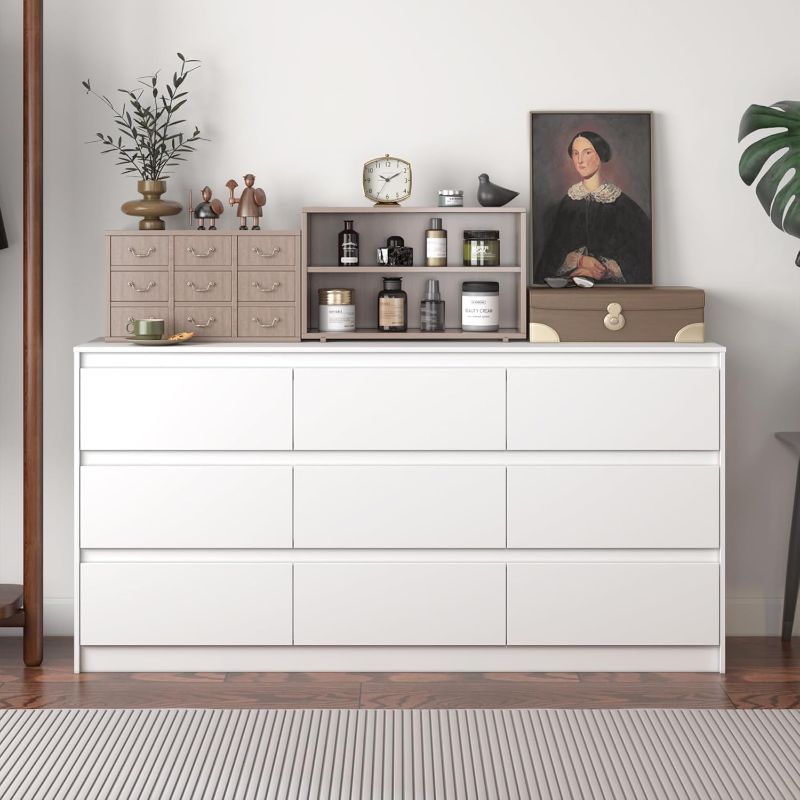View 1 of 9 Drawer Dresser for Bedroom with Deep Drawers, Large Floor Wood Dressers & Chest of Drawers Handle Free, Modern White Long Dressers for Closet Living Room, Euro Slide (63"W x 15.7"D x 31.5"H)