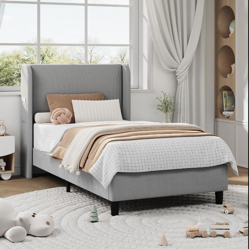 Photo 1 of Garvee Twin Grey Velvet Bed Frame Vertical Channel Tufted Wingback