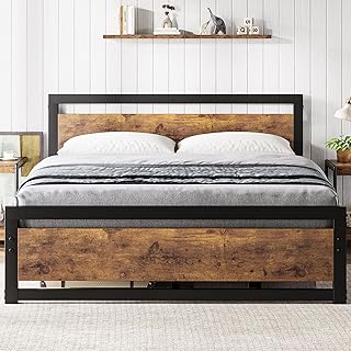 Photo 1 of Garvee Full Size Bed Frame with Wooden Headboard & Footboard, Metal Platform, 14" Easy Assembly, Noise-Free, Rustic Brown, 700lbs Capacity, Industrial Style