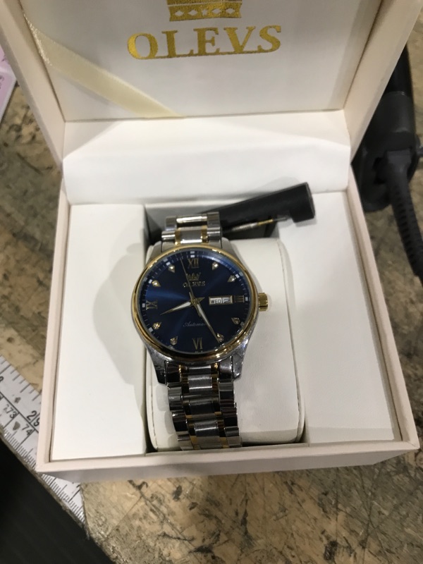 Photo 1 of OLEVS Watch for Men Automatic Mechanical Self Winding Two Tone Stainless Steel Diamond Business Calendar Waterproof Wrist Watch Blue Dial