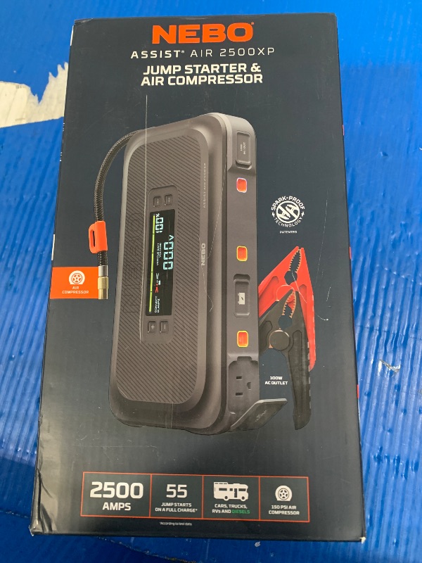 Photo 1 of ***PARTS ONLY***NEBO Assist Air 2500XP+ Jump Starter and Air Compressor | 4-in-1 2500 Amps Car Jump Starter, Air Compressor 150 PSI, Charger, and Floodlight, USB Compatible, Automotive, Emergency, Spark-Proof Safety (factory sealed)