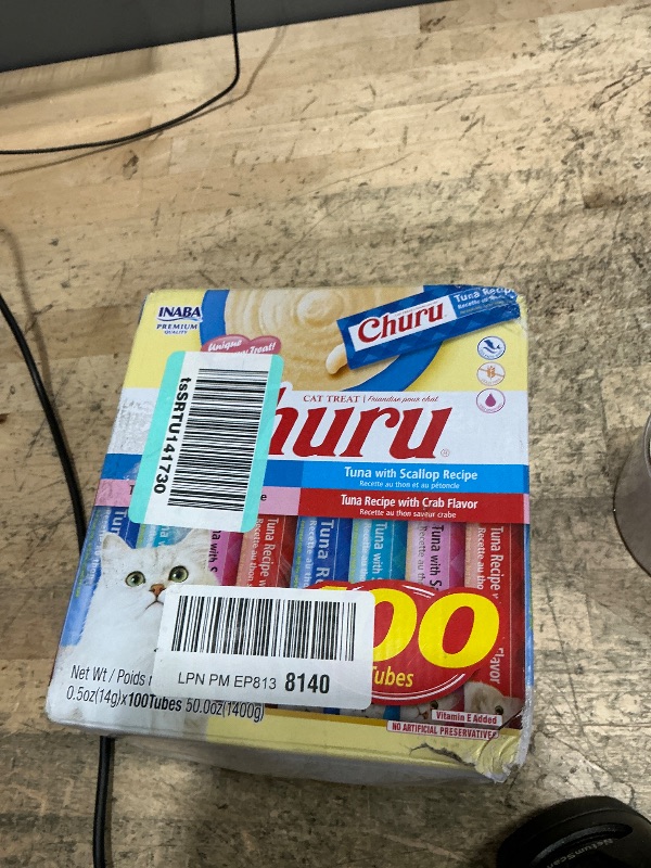 Photo 1 of INABA Churu Cat Treats, Lickable, Squeezable Creamy Purée with Vitamin E, 0.5 Ounces per Tube, 100 Tubes Total, Tuna Variety