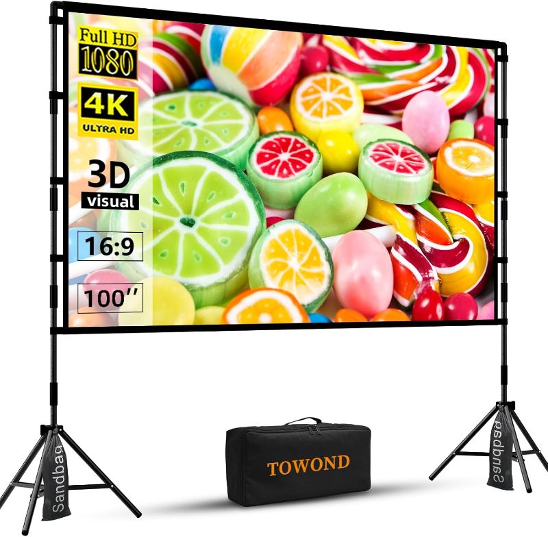 Photo 1 of 
TOWOND Projector Screen with Stand, 100 inch Outdoor Projector Screen Portable Indoor Projection Screen 16:9 4K Rear Front Movie Screen with Carry Bag 