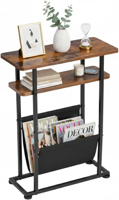 Photo 1 of Narrow Small Side Table for Small Spaces, Slim End Table with Magazine Rack, Narrow End Table Living Room Couch Side Table,Skinny Bedside Table Nightstand Bedroom Thin Side Table(Rustic Brown)
