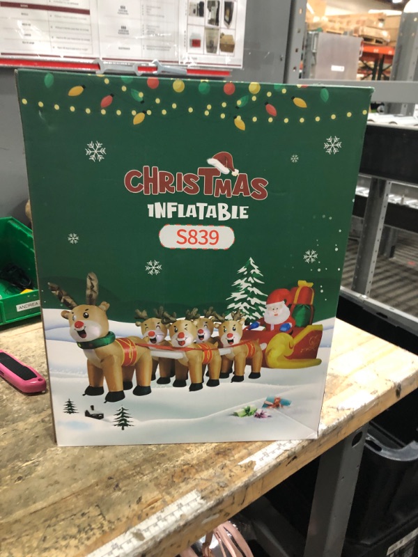 Photo 1 of 12 FT Christmas Inflatable Outdoor Santa Claus on Sleigh with Five Reindeer, Building LED Lights, Blow Up Yard Decoration for Party Garden Lawn Winter Decor