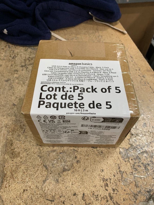 Photo 1 of Amazon Basics 5-Pack USB-A to Micro USB Charging Cable, 480Mbps Transfer Speed with Gold-Plated Plugs, USB 2.0, 10 foot, Black