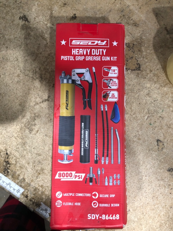 View 2 of 17-Piece Heavy Duty Grease Gun Kit: 14oz Grease Tube Flexible Hose Bearing Grease Pump 8000 PSI Pistol Grip Grease Guns Tool Marine Durable Connectors Adapters Extension Tubes Nozzle Easy Operation