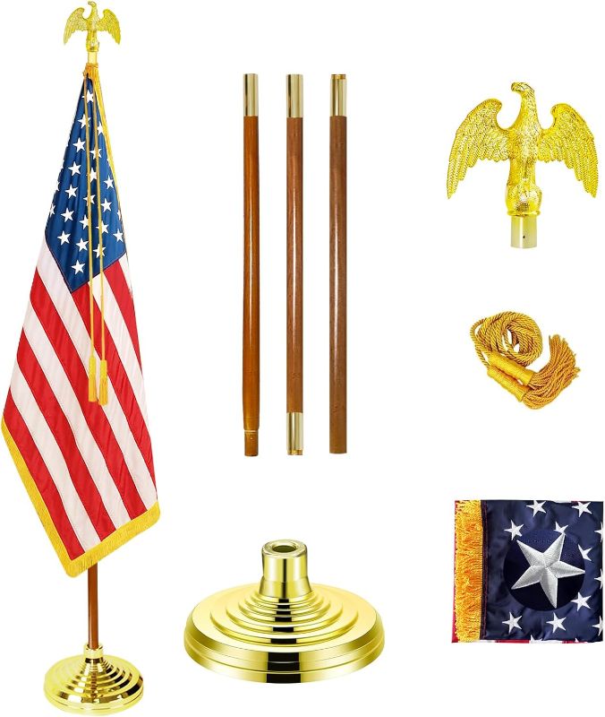 Photo 1 of Presidential Indoor FlagPole - Solid Oak Wooden 8FT Flagpole with Base, 3x5 USA Flag-Polyester Canvas Embroidered Stars, Eagle Topper, Cord Tassel, for Office School City Hall.

