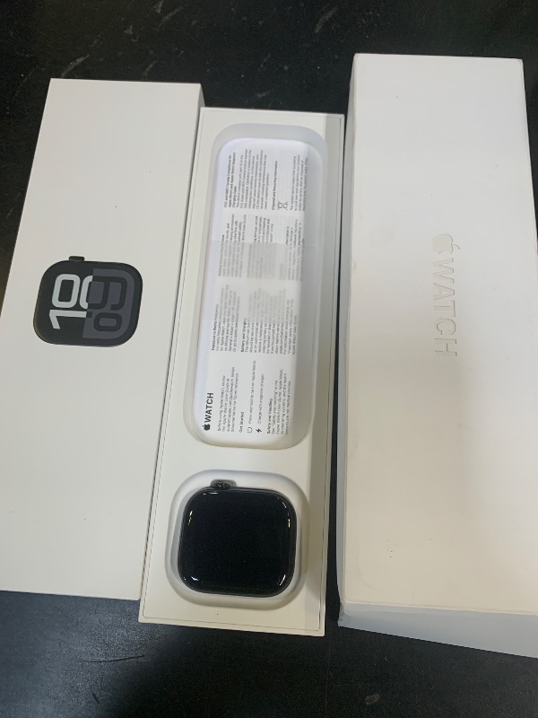 Photo 1 of Apple Watch Series 10 [GPS 42mm case] Smartwatch with Jet Black Aluminum Case with Black Sport Band - S/M. Fitness Tracker, ECG App, Always-On Retina Display, Water Resistant (missing band)