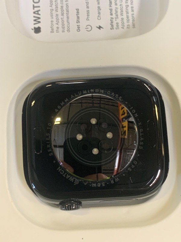 Photo 1 of Apple Watch Series 10 [GPS 42mm case] Smartwatch with Jet Black Aluminum Case with Black Sport Band - S/M. Fitness Tracker, ECG App, Always-On Retina Display, Water Resistant (missing band)
