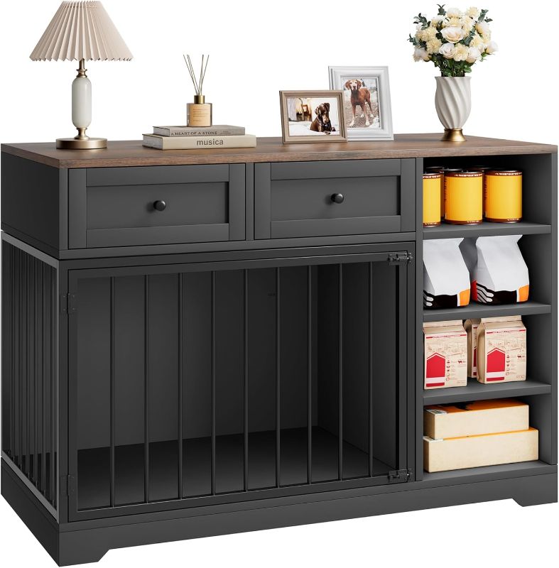 Photo 1 of IDEALHOUSE 47” Large Dog Crate, Dog Kennel Indoor with 2 Drawers and 4 Shelves, Dog Crate Furniture TV Stand, Wooden Dog Cage for Medium Large Dogs, Black
