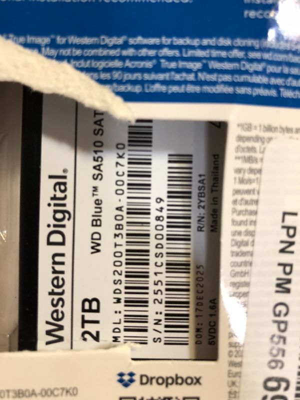 Photo 1 of Western Digital 2TB WD Blue SA510 SATA Internal Solid State Drive SSD - SATA III 6 Gb/s, 2.5"/7mm, Up to 560 MB/s - WDS200T3B0A