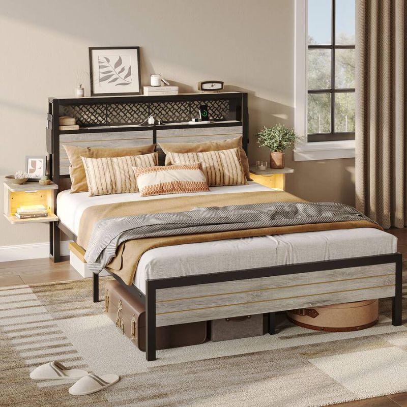 Photo 1 of Bestier - Full Bed Frame Golden Stripe Headboard LED Nightstands Metal Platform with Charging Station No Box Spring - Gray