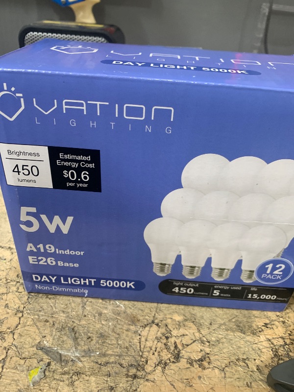 Photo 1 of 12 Pack A19 LED Light Bulbs, 40 Watt Equivalent Daylight 5000K with E26 Medium Base, Efficient 5W, 450 Lumens Non-Dimmable LED Bulbs, ETL/UL Listed, Energy Efficient for Bedroom Home Office