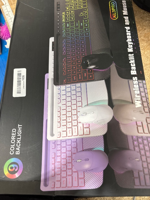 Photo 1 of ****MISSING MOUSE DONGLE / TOP LEFT ESC KEY MAY BE LOOSE DUE TO PREV FALLING OFF *** Wireless Keyboard and Mouse Combo, 9 Backlit Effects, Wrist Rest, Phone Holder, 2.4G Lag-Free Ergonomic Keyboards, Rechargeable Silent Cordless Set for Computer, Laptop, 