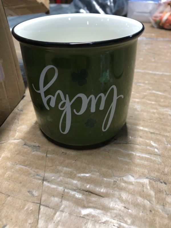 Photo 1 of **"LUCKY" GRAPHIC IS UPSIDE DOWN** Nefelibata Irish/St. Patrick's Day Green Ceramic Canister Jar - St. Patrick's Day Decor - Lucky Shamrock Canister - Buffalo Plaid Bowknot - Candy Holder - Table Centerpiece - 4.9" H x 3.7" W