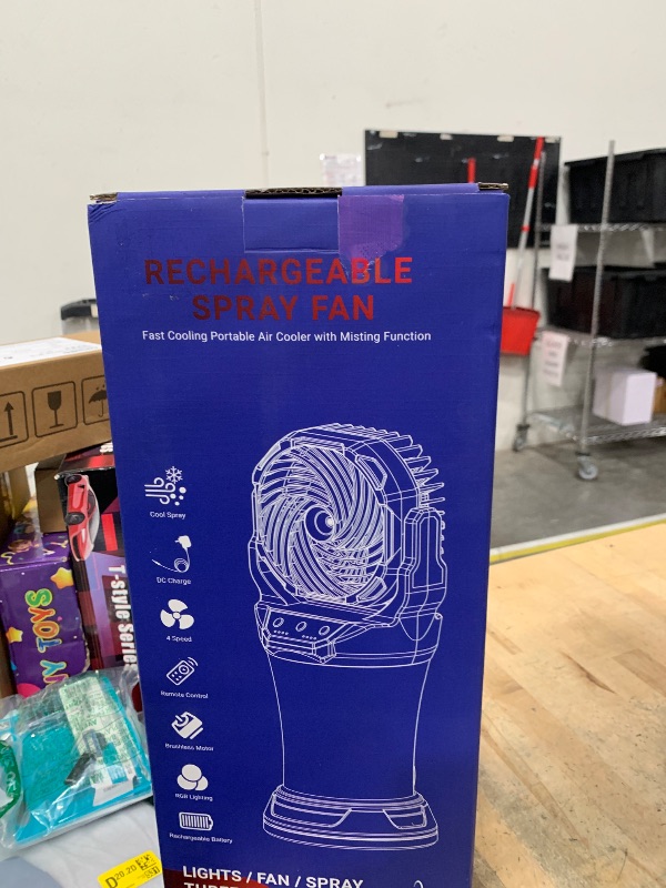 Photo 1 of **FACTORY SEALED** Wilody Misting Fan Portable Battery Powered with Remote Control, Camping Fan with RGB Ambient Light with 2L Bucket, Battery Indicator, 120° Auto Oscillating, Timing Function, Grip Handle