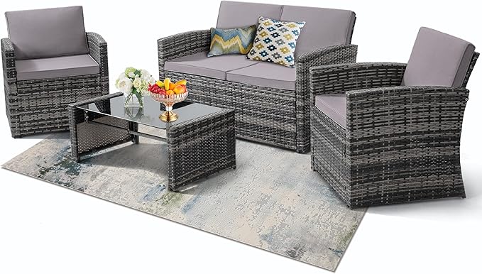 Photo 1 of *USED*
4 Pieces Patio Conversation Set, Outside Rattan Sectional Sofa, Cushioned Furniture Set, Wicker Sofa Ideal for Garden, Porch, Backyard, Grey Color Rattan and Light Grey Cushion