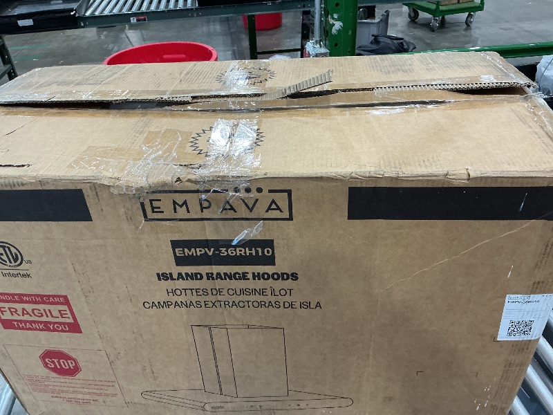 Photo 1 of ***MAJOR DAMAGE*** Empava 36“ Island Range Vent Hood Ceiling-Mount, 3-Speed Touch Control, Timer, Stainless Steel Baffle Filters, 4 LED Lights, Convertible Ducted to Ductless (Charcoal Filters Sold Separately)