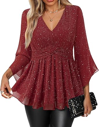 View 1 of **Retail: $26.99**
VALOLIA Womens Sparky Tops 3/4 Sleeve Glitter Sequin Shiny Dressy Blouses V Neck Party Evening Cocktail Shirts, LARGE