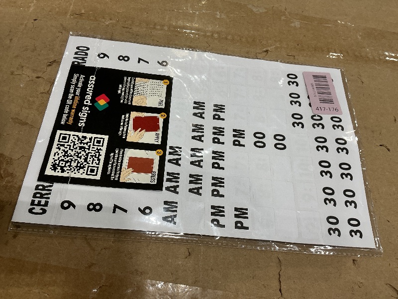 Photo 1 of ***MISSING PIECES*** Open Signs, Business Hours Sign Kit for Glass Door or Window - Bright Red and White Colors - 7.7 x 11.7 Inch - Includes 4 Adhesive Pads and Number Sticker Set - Ideal Hours Of Operation Signs for Business, Store or Office