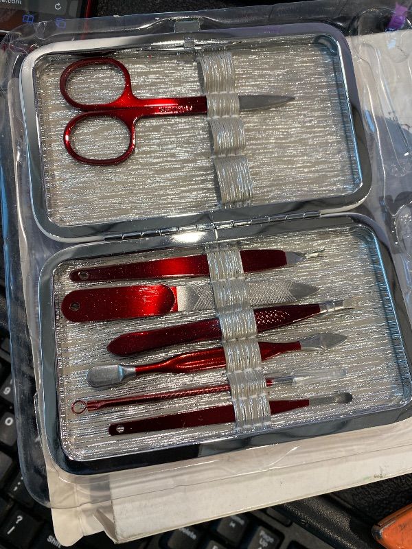 Photo 1 of ***MISSING PIECES*** HANTEKAS Manicure Set 10 in 1 Stainless Steel, Nail Clippers Scissors Pedicure Tools Kit - Portable Travel Grooming Kit for Men and Women with Leather Case (Rose Red)