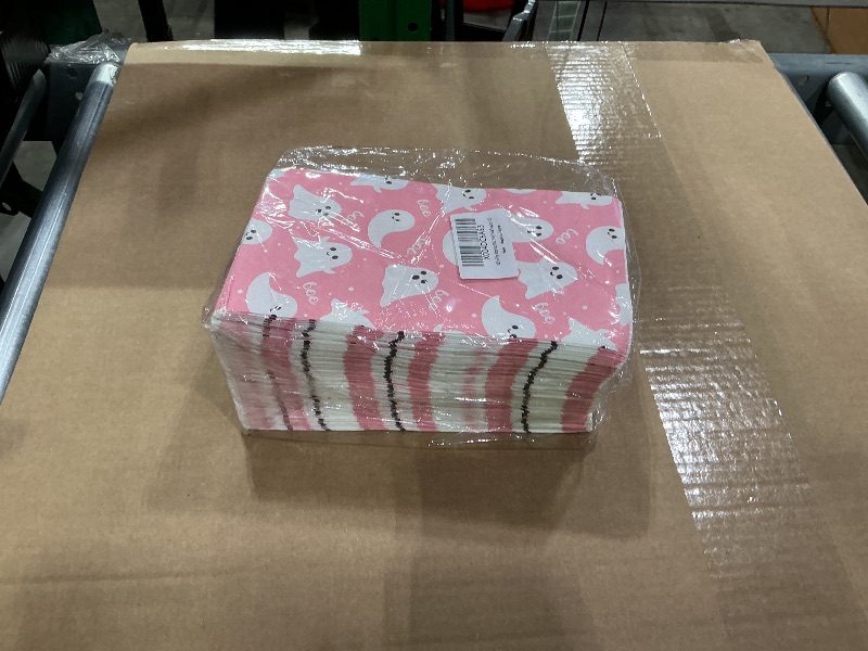 Photo 1 of 100Pcs Pink Ghost Boo Ghost Guest Napkins Halloween Cute Cartoon Disposable Dinner Hand Towel Paper Napkins for Happy Boo's Day Birthday Girls Baby Shower Party Table Supplies (100)