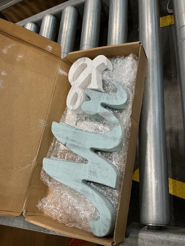 Photo 1 of *Dirty item* WANTMAZOR Mr and Mrs Signs Wedding Table Decorations, Wooden Freestanding Letters for Photo Props, Rustic Wedding Decoration, Anniversary Wedding Shower Gift (Classical blue + banner)