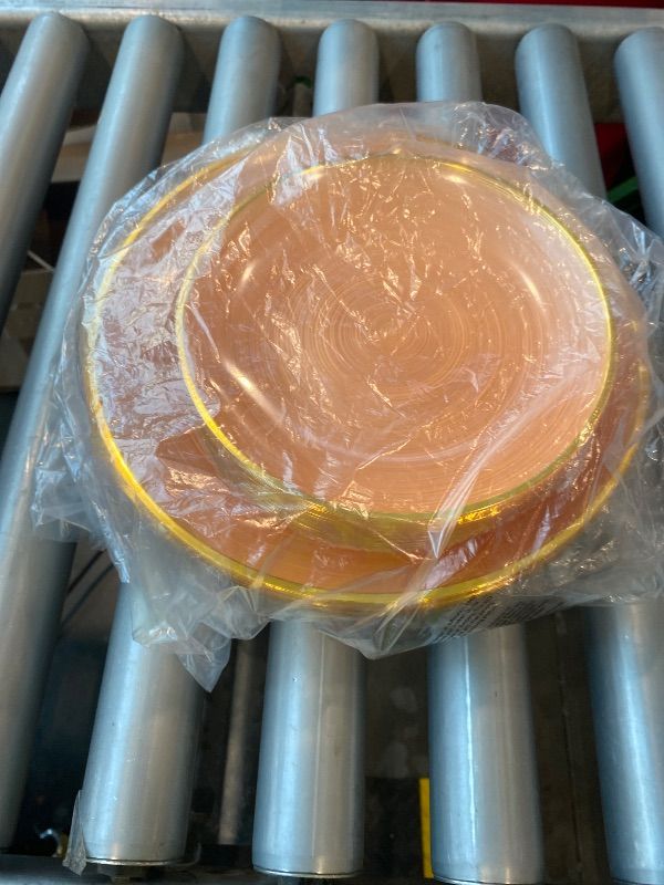 Photo 1 of **Partial Set - Only Plates**
N9R 180PCS Orange Plastic Plates with Gold Trim, Disposable Party Dinnerware Set for 30 Guests, Include 30 Dinner & Salad Plates, Napkins, Forks, Spoons, Knives, Perfect for Wedding, Dinner Party