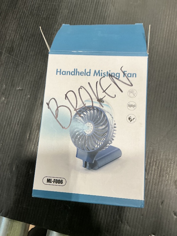 Photo 1 of **UNTESTED**
PANERGY Handheld Misting Fan – Rechargeable Battery Operated,Handheld Personal Fan with Mist Spray, Electric Hand Fans, 180° Foldable Mister Fans for Travel, Camping, Disney, Concerts, Office(Blue)